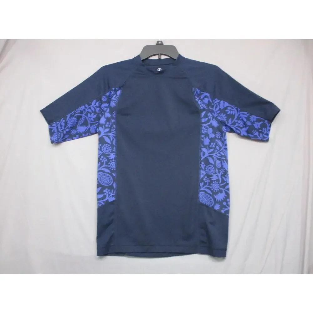 Lands' End Navy Floral Raglan Rash Guard Unisex Short Sleeve‎ Size Small